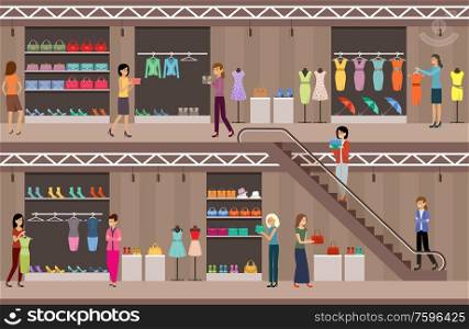 Shop women&rsquo;s clothing and shoes. Shopping center. Supermarket. Vector flat illustration.
