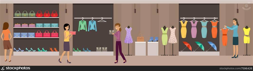 Shop women&rsquo;s clothing and shoes. Shopping center. Supermarket. Vector flat illustration.