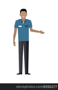 Shop worker character vector template. Flat design. Smiling man in uniform, assistant, seller, cashier or guard standing on white background. Grocery shop, supermarket, mall personnel illustration.. Shop Worker Man Character Vector Illustration. Shop Worker Man Character Vector Illustration