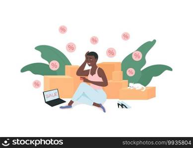 Shopaholic flat color vector detailed character. Woman addicted to buying clothes. Sale, black friday. Shopaholism isolated cartoon illustration for web graphic design and animation. Shopaholic flat color vector detailed character