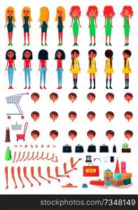 Shopaholic girls constructor with shopping bags. Women in with spare body parts and purchases. Females and full pockets vector illustrations. Shopaholic Girls Constructor with Shopping Bags