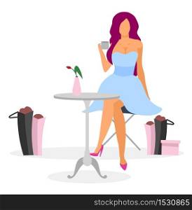 Shopaholic in cafe flat vector illustration. Elegant lady drinking coffee, happy with new purchases. Cartoon stylish fashionista relaxing after visiting boutique. Female buyer after shopping rush