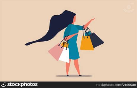 Shopaholic woman shop on market with many bag. Fashion girl purchase product and satisfaction vector illustration concept. Joyful lifestyle young female and fashionable shopper. Consumer shopaholic