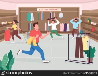 Shopaholics on Black friday flat color vector illustration. Clothes store on seasonal sale. Customers buying purchases. Shoppers 2D cartoon characters with boutique interior on background. Shopaholics on Black friday flat color vector illustration