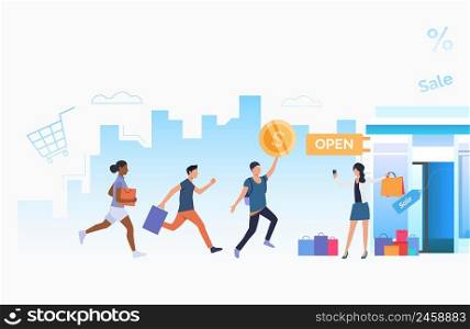 Shopaholics rushing to super discount. Male and female cartoon characters running to opened store. Vector illustration for placard, promotion, seasonal sale