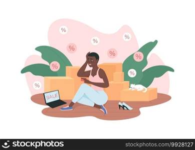 Shopaholism 2D vector web banner, poster. Bad habit, addiction to shopping. Shopaholic flat character on cartoon background. Female with debt on credit card printable patch, colorful web element. Shopaholism 2D vector web banner, poster