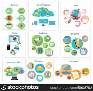 Shoping and different goods. Modern marketing process. Analysis and searching. Social network, computer office, shopping, delivery and office work. Working process of business team in flat design