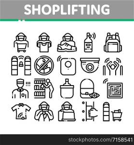 Shoplifting Collection Elements Icons Set Vector Thin Line. Video Camera And Guard Security From Shoplifting, Human Shoplifter Silhouette Concept Linear Pictograms. Monochrome Contour Illustrations. Shoplifting Collection Elements Icons Set Vector