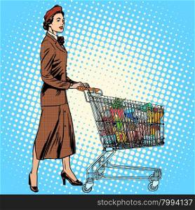 shopper grocery cart full of food pop art retro style. The business concept of purchasing and sales. Mom and the family budget. shopper grocery cart full of food