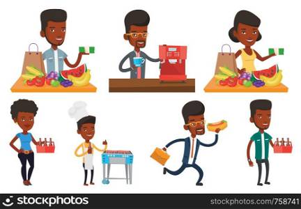 Shopper standing at the table with grocery purchases. Shopper holding money in hand in front of table with grocery purchases. Set of vector flat design illustrations isolated on white background.. Vector set of people eating and drinking.