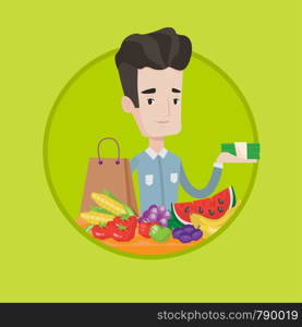 Shopper standing at the table with grocery purchases. Shopper holding money in hand in front of table with grocery purchases. Vector flat design illustration in the circle isolated on background.. Young man standing at the table with shopping bag