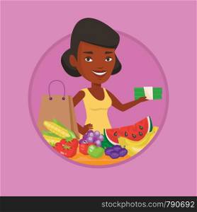 Shopper standing at the table with grocery purchases. Shopper holding money in hand in front of table with grocery purchases. Vector flat design illustration in the circle isolated on background.. Woman standing at the table with shopping bag.