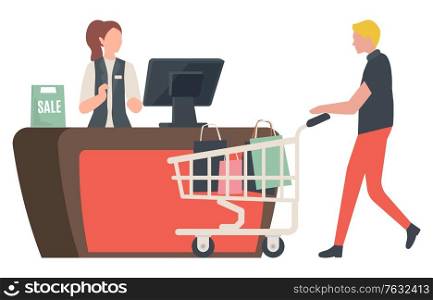 Shopper standing with purchases near cashbox, cashier woman. Sale old collection, buyer with tuck, cart with packages, retail symbol, advertisement. Vector illustration in flat cartoon style. Man with Packages in Truck near Cashbox Vector