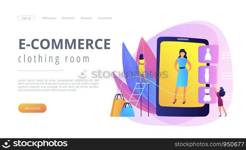 Shopper trying on clothes size and style in virual fitting room on tablet. Virtual fitting room, online dressing, e-commerce clothing room concept. Website vibrant violet landing web page template.. Virtual fitting room concept landing page.