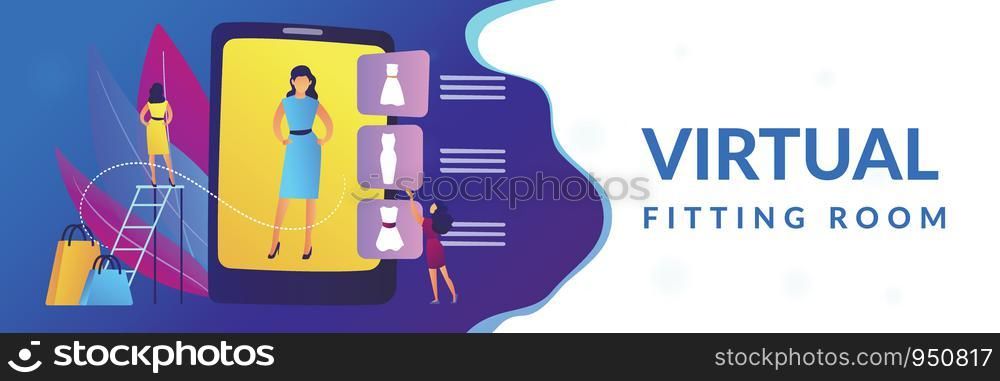 Shopper trying on clothes size and style in virual fitting room on tablet. Virtual fitting room, online dressing, e-commerce clothing room concept. Header or footer banner template with copy space.. Virtual fitting room concept banner header.