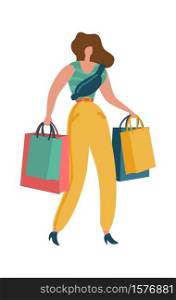 Shopper woman. Shopaholic female with shopping bag in mall young beautiful fashion byer girl image for sale or discount advertising. Buying gifts and presents flat vector isolated cartoon illustration. Shopper woman. Shopaholic female with shopping bags in mall young fashion byer girl image for sale or discount ad. Buying gifts and presents flat vector isolated cartoon illustration