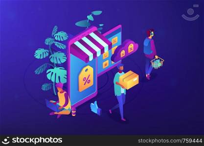 Shoppers buying with gadgets in online discount store. Outlet store and online sale, clearance and percent, ecommerce and special offer concept. Ultraviolet neon vector isometric 3D illustration.. Online discount store concept vector isometric illustration.