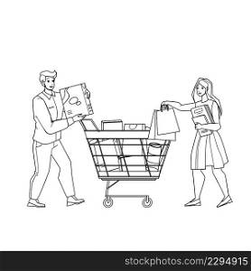 Shoppers Couple Goods Add To Cart In Market Black Line Pencil Drawing Vector. Man And Woman Add To Cart Supermarket Bags. Characters Boy And Girl Shopaholic Making Purchases In Shop Illustration. Shoppers Couple Goods Add To Cart In Market Vector