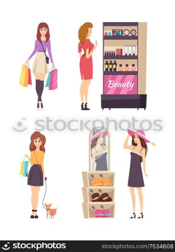 Shopping activities of young women isolated set vector. Stall with cosmetics, tubes and lotions, palette and foundation. Lady walking with dog pet. Shopping Activities of Young Women Set Vector
