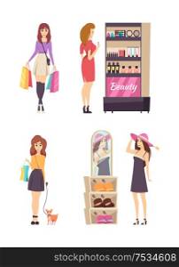 Shopping activities of young women isolated set vector. Stall with cosmetics, tubes and lotions, palette and foundation. Lady walking with dog pet. Shopping Activities of Young Women Set Vector