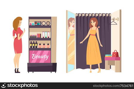 Shopping and beauty makeup stand isolated set vector. Lady trying on long dress in changing room. Customer looking at cosmetics palettes and creams. Shopping Beauty Makeup Stand Isolated Set Vector