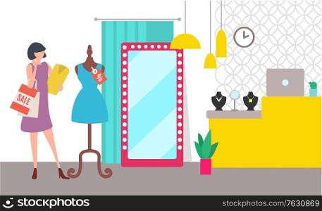 Shopping and boutique interior, sale and discount, customer and dummy. Woman with bags, mannequin and mirror, jewelry and cash counter, store. Vector illustration in flat cartoon style. Sale and Discount, Shopping and Boutique Interior
