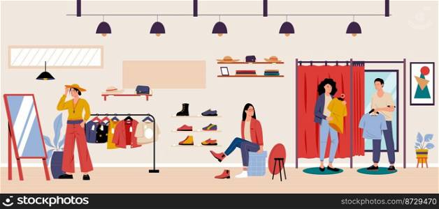 Shopping and buying concept, store interior fashion. Vector of retail sale b mall, concept of customer woman illustration. Shopping and buying concept, store interior fashion