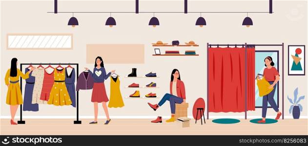 Shopping and buying concept, store interior fashion. Vector of store fashion retail illustration. Shopping and buying concept, store interior fashion