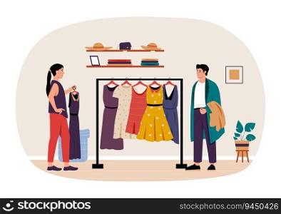 Shopping and buying concept. Woman choosing dress in store. Customer purchasing clothes in retail shop. Cartoon buyer looking for fashion outfit. Couple in boutique vector illustration. Shopping and buying concept. Woman choosing dress in store. Customer purchasing clothes in retail shop. Cartoon buyer
