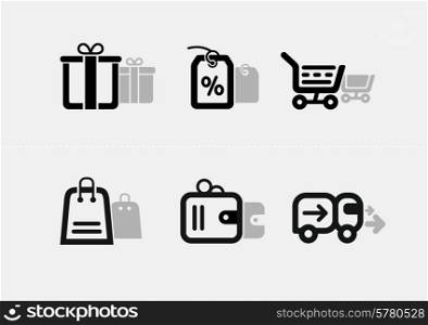 Shopping and e-commerce icon set in black color. Gift tag shopping trolley bag purse with money delivery car