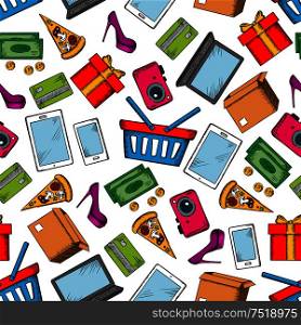 Shopping and leisure seamless background with pattern of vector sketch icons credit card, money, high heels, basket, banknote, dollar, gift, smartphone, laptop, pad, pizza, coin camera delivery box. Shopping and leisure seamless background