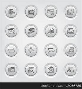 Shopping and Marketing Icons Set. Button Design. Online payment and shopping symbol, discount and one time offer symbol, traffic icon and internet marketing, crm icon and e-mail marketing symbol.