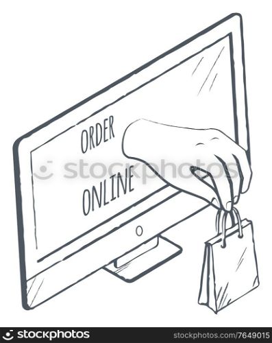 Shopping and ordering online via internet. Isolated monochrome sketch of laptop screen with hand holding bag. Digital services for shoppers. Icon for shops and stores selling items vector in flat. Order Online Internet Service, Shopping on PC