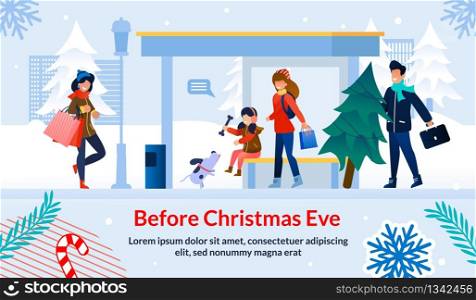 Shopping and Preparation Before Christmas Eve Poster. Happy People Characters Buying Gifts and Presents for Relatives, Xmas Fir Tree for Decoration. Little Girl Walk with Dog. Vector Illustration. Shopping Preparation Before Christmas Eve Poster