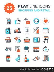 Shopping and Retail. Abstract vector collection of flat line shopping and retail icons. Elements for mobile and web applications.