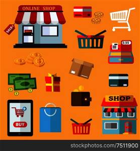 Shopping and retail flat icons of online shop, sale tag, tablet pc with buy button, money, banking cards, shopping cart, basket and bag, store, wallet, cash register, gift and delivery boxes . Shopping and retail flat icons