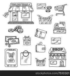 Shopping and retail icons in sketch style of online shop, sale tag, tablet pc and buy button, money, credit card, shopping cart, basket and bag, store, wallet, cash register, gift and delivery box. Shopping and retail icons set, sketch style