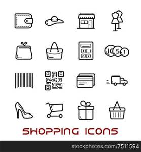 Shopping and retail thin line icons with shopping carts, basket and bags, credit card and wallet, money, delivery, barcode and store, qr code and gift box, calculator and shoes. Shopping and retail thin line icons