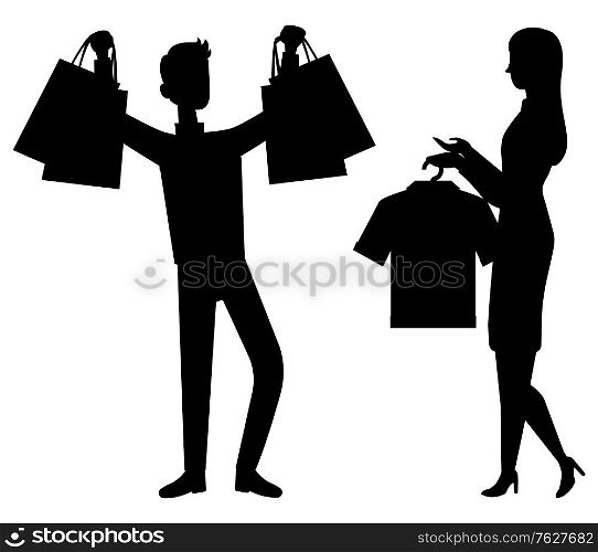 Shopping and sale, customer and shop assistant isolated silhouettes vector. Man customer with bags and packs, girl with clothes on rack, discount. Customer and Shop Assistant Isolated Silhouette