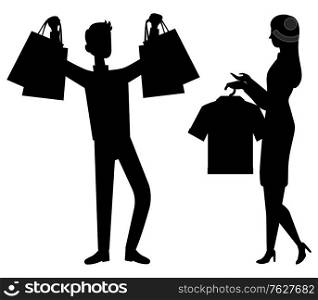 Shopping and sale, customer and shop assistant isolated silhouettes vector. Man customer with bags and packs, girl with clothes on rack, discount. Customer and Shop Assistant Isolated Silhouette