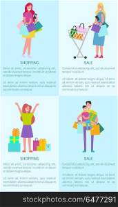 Shopping and Sale Pictures Vector Illustration. Shopping and sale pictures of images of women with bags and gifts and man with his son, as well as text sample below each pic vector illustration