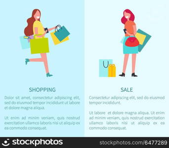 Shopping and Sale Set of Two Vector Illustration. Shopping and sale set of two pictures representing smiling happy women with bags and sample text vector illustration isolated on white