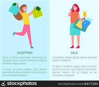 Shopping and Sale Two Posters Vector Illustration. Shopping and sale set of two posters representing excited woman and girl talking on phone with bags in her hand vector illustration