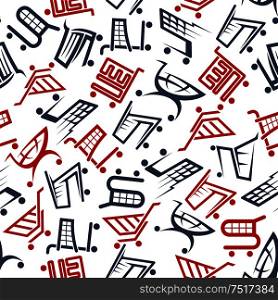 Shopping and sales promotion background with seamless red and dark gray shopping carts and trolleys pattern. Great for retail business theme or fabric design. Seamless shopping carts and trolleys pattern