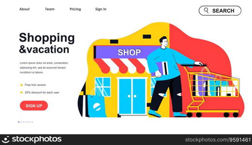 Shopping and vacation concept for landing page template. Man shopping in store on travel and walking with purchase cart, people scene. Vector illustration with flat character design for web banner