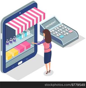 Shopping app with woman push buy button from online shop. App for purchasing goods in store via Internet. Online shopping application, lady chooses goods in store. Girl makes purchase in Internet. Shopping app with woman push buy button from online shop. Purchasing goods in store via Internet