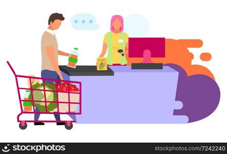 Shopping at supermarket flat vector illustration. Grocery store cashier and customer cartoon characters isolated on white background. Buying food, products. Doing purchases, shopping concept