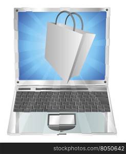 Shopping bag icon coming out of laptop screen online shopping concept