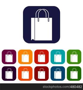 Shopping bag icons set vector illustration in flat style in colors red, blue, green, and other. Shopping bag icons set
