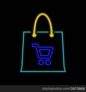 Shopping bag neon sign. Bright glowing symbol on a black background. Neon style icon.